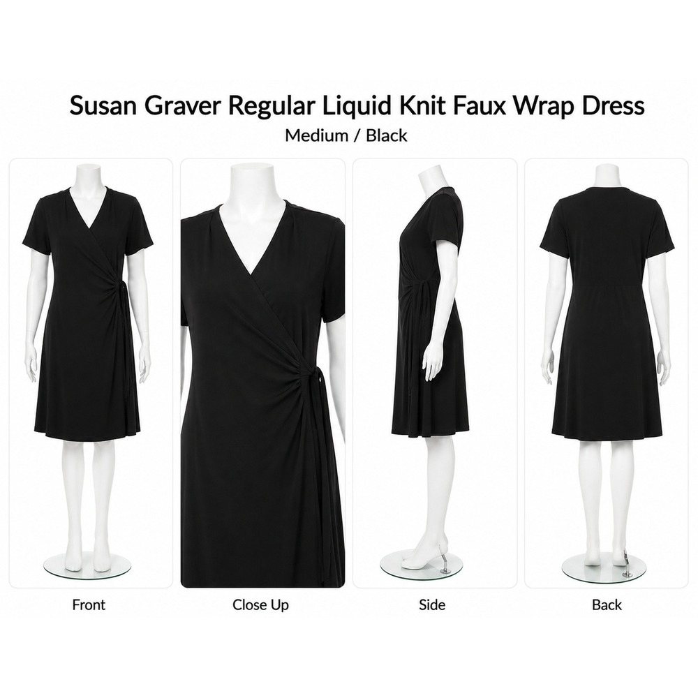 Susan‎ Graver Women Liquid Knit Faux Wrap Midi Dress Black Medium A669786 NEW